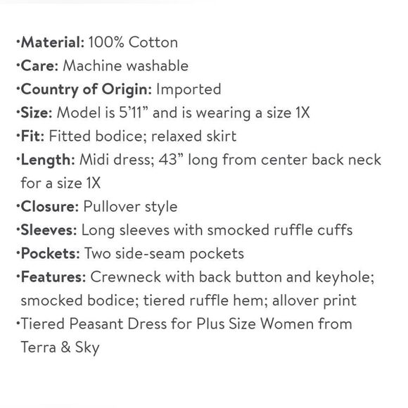 Nwt Terra & Sky Women's Plus Size Tiered Peasant Midi Dress, Cotton 100% - Picture 12 of 12